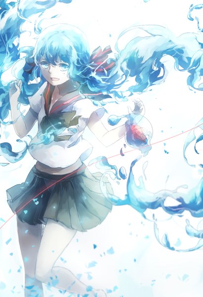 Anime picture 700x1020 with vocaloid hatsune miku bottle miku domik single long hair tall image looking at viewer fringe open mouth blue eyes simple background white background twintails bent knee (knees) pleated skirt aqua hair bare belly liquid hair girl