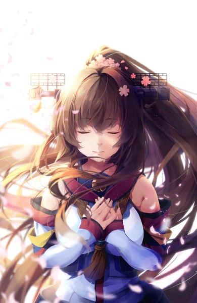 Anime picture 700x1077 with kantai collection yamato super battleship niichi (komorebi-palette) single long hair tall image brown hair white background ponytail eyes closed traditional clothes japanese clothes hair flower girl hair ornament flower (flowers) detached sleeves petals gorget