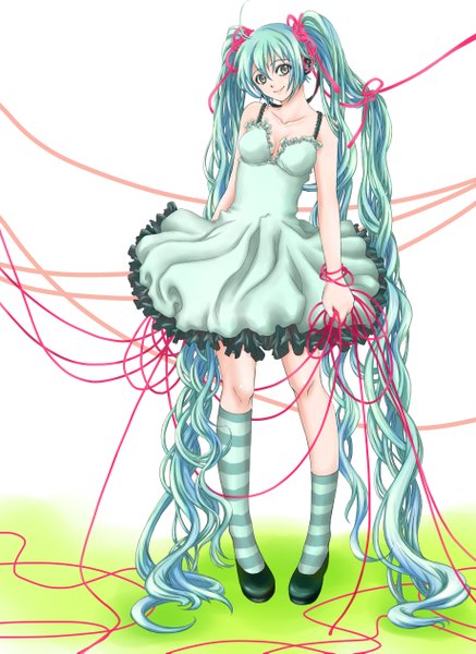 Anime picture 1840x2521 with vocaloid hatsune miku sha (pixiv) tall image highres twintails very long hair green hair girl thighhighs dress ribbon (ribbons) striped thighhighs wire (wires)