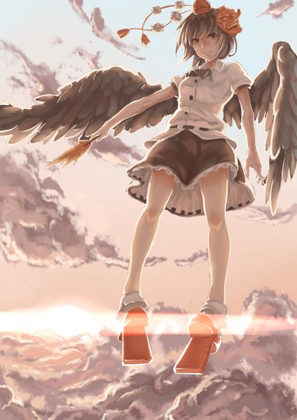 Anime picture 2480x3507 with touhou shameimaru aya zicai tang single tall image looking at viewer fringe highres short hair holding brown eyes sky cloud (clouds) light smile wind flying black wings mask on head dark hair girl