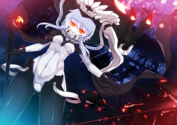 Anime picture 1800x1273 with kantai collection wo-class aircraft carrier uiu single long hair looking at viewer fringe highres breasts light erotic grey hair from below orange eyes shinkaisei-kan girl gloves cape staff monster