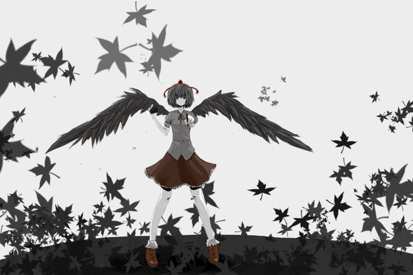 Anime picture 3000x2000 with touhou shameimaru aya sya (north to antarctic) single highres short hair black hair red eyes standing full body girl thighhighs skirt hat wings leaf (leaves) camera maple leaf