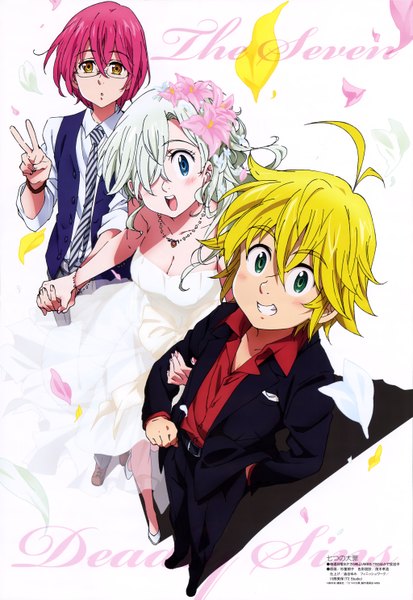 Anime picture 4092x5938 with nanatsu no taizai a-1 pictures elizabeth liones meliodas gowther (nanatsu no taizai) sugizono akiko long hair tall image looking at viewer blush highres short hair blonde hair smile green eyes yellow eyes pink hair absurdres white hair hair flower