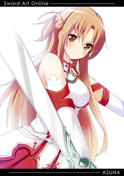 Anime picture 800x1130 with sword art online a-1 pictures yuuki asuna ok-ray single long hair tall image looking at viewer blush simple background smile brown hair white background bare shoulders brown eyes girl weapon detached sleeves sword