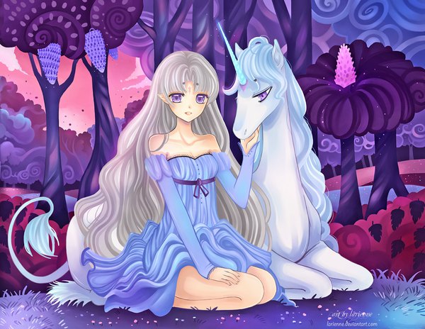 Anime picture 1280x990 with the last unicorn disney lady amalthea larienne single long hair looking at viewer fringe sitting purple eyes bare shoulders signed sky cloud (clouds) full body grey hair inscription bare legs facial mark looking down