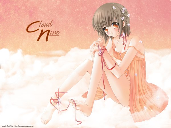 Anime picture 1600x1200 with carnelian single looking at viewer blush fringe short hair smile brown hair sitting bare shoulders payot full body bent knee (knees) head tilt barefoot hair flower inscription orange eyes soles hand on knee