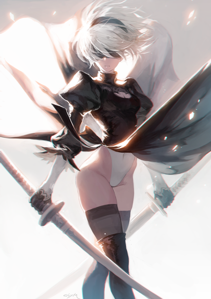 Anime picture 818x1158 with nier nier:automata yorha no. 2 type b chkuyomi single tall image short hair light erotic simple background standing holding signed cleavage white hair wind grey background mole zettai ryouiki puffy sleeves gradient background