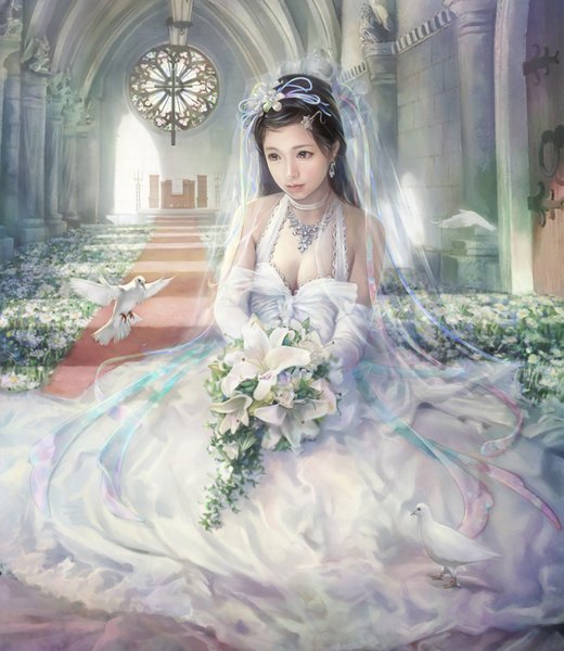 Anime picture 1791x2066 with eat0123 single long hair tall image highres breasts black hair bare shoulders brown eyes looking away sunlight realistic wedding girl dress gloves hair ornament flower (flowers) earrings animal