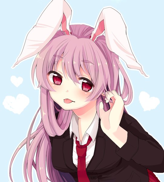 Anime picture 950x1050 with touhou reisen udongein inaba shiika yuno single long hair tall image blush simple background red eyes animal ears looking away purple hair bunny ears blue background girl necktie tongue