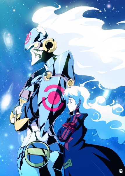 Anime picture 1200x1679 with tengen toppa gurren lagann gainax nia teppelin nagian long hair tall image signed white hair profile wind blue background crossed arms space girl cloak armband mecha