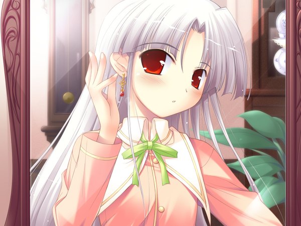 Anime picture 1600x1200 with happiness windmill (company) shikimori ibuki long hair highres red eyes uniform school uniform earrings jewelry mirror