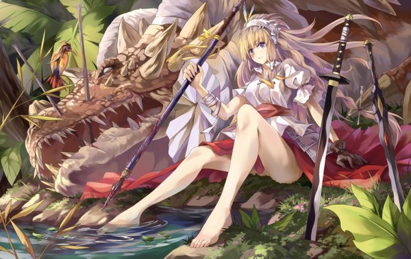 Anime picture 2500x1579 with original neko (yanshoujie) single long hair highres blue eyes blonde hair sitting full body barefoot girl dress gloves bow weapon hair bow animal sword water bird (birds)