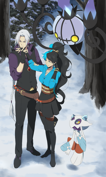 Anime picture 900x1496 with pokemon nintendo chandelure froslass danzzila long hair tall image fringe breasts blue eyes black hair smile large breasts brown eyes blue hair looking away silver hair ponytail braid (braids) multicolored hair