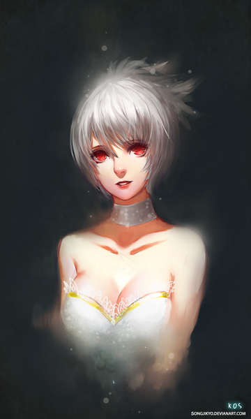 Anime picture 1500x2500 with league of legends riven (league of legends) songjikyo single tall image looking at viewer short hair breasts simple background red eyes bare shoulders lips grey hair black background girl
