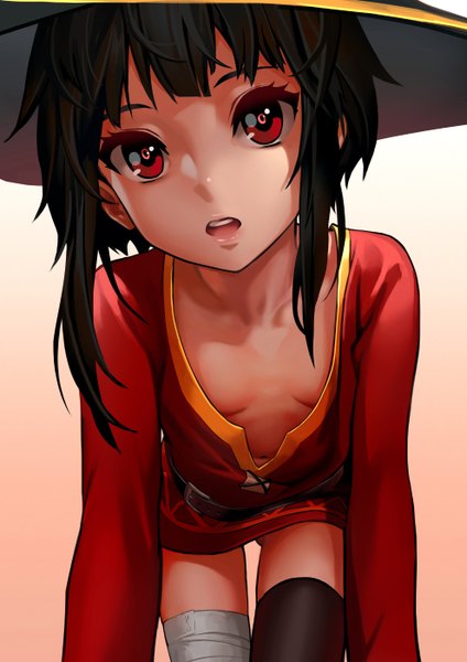 Anime picture 990x1400 with kono subarashii sekai ni shukufuku wo! studio deen megumin as109 single tall image looking at viewer fringe short hair breasts open mouth light erotic black hair red eyes white background long sleeves thigh gap ass visible through thighs on all fours girl