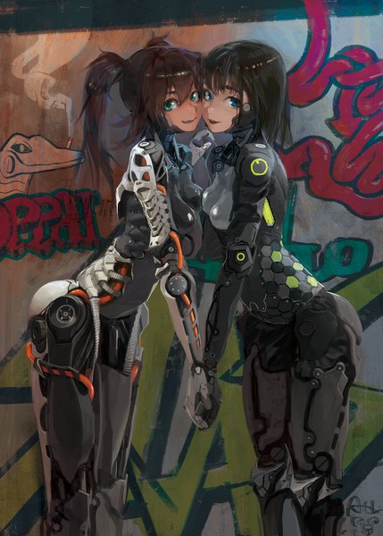 Anime picture 1144x1600 with original attall long hair tall image looking at viewer fringe short hair blue eyes black hair smile brown hair standing twintails multiple girls green eyes teeth fang (fangs) holding hands smoke graffiti