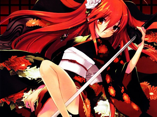 Anime picture 1024x768 with shakugan no shana j.c. staff shana single long hair looking at viewer red eyes red hair lying traditional clothes japanese clothes hair flower girl hair ornament sword katana