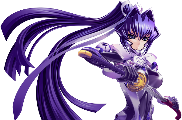 Anime picture 7453x4916 with muv-luv alternative muv-luv mitsurugi meiya single long hair highres purple eyes absurdres purple hair ponytail transparent background girl ribbon (ribbons) weapon hair ribbon sword katana bodysuit