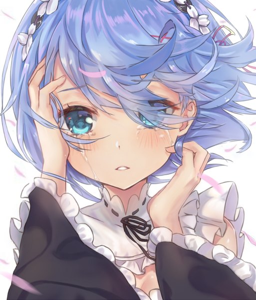 Anime picture 941x1100 with re:zero kara hajimeru isekai seikatsu white fox rem (re:zero) aimee (origin) single tall image looking at viewer fringe short hair blue eyes simple background hair between eyes white background blue hair upper body parted lips wind hair over one eye wide sleeves maid