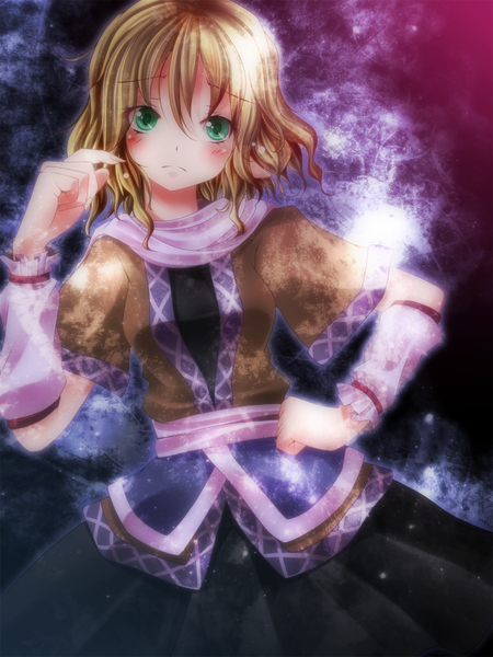 Anime picture 1200x1600 with touhou mizuhashi parsee s-syogo single tall image blush short hair blonde hair green eyes hand on hip girl