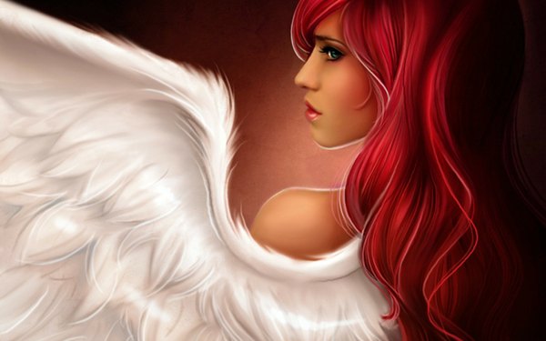 Anime picture 1920x1200 with original sugargrl14 single highres wide image bare shoulders green eyes red hair profile angel wings white wings girl wings