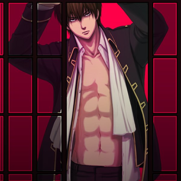 Anime picture 1000x1000 with gintama sunrise (studio) hijikata toshiro nigella.a single looking at viewer short hair brown hair standing brown eyes open clothes arms up open jacket open shirt muscle boy navel uniform shirt pants