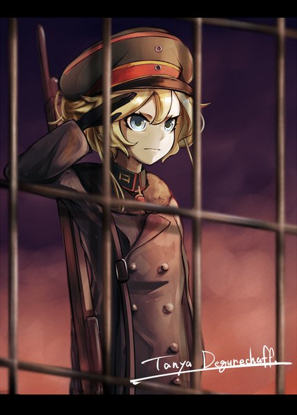 Anime picture 768x1071 with youjo senki tanya degurechaff crazyoton46 single tall image fringe short hair blue eyes blonde hair hair between eyes looking away upper body character names letterboxed frown salute military soldier girl gloves