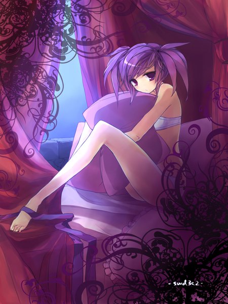 Anime picture 1701x2268 with elsword aisha landar swd3e2 single tall image looking at viewer highres short hair light erotic sitting purple eyes twintails signed purple hair barefoot hug pantyshot sitting pillow hug girl underwear