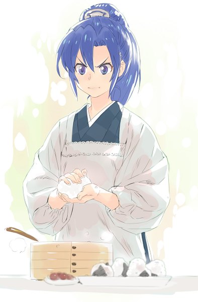 Anime picture 789x1200 with senki zesshou symphogear satelight kazanari tsubasa murakami hisashi single long hair tall image purple eyes purple hair ponytail traditional clothes japanese clothes looking down cooking girl food apron onigiri rice