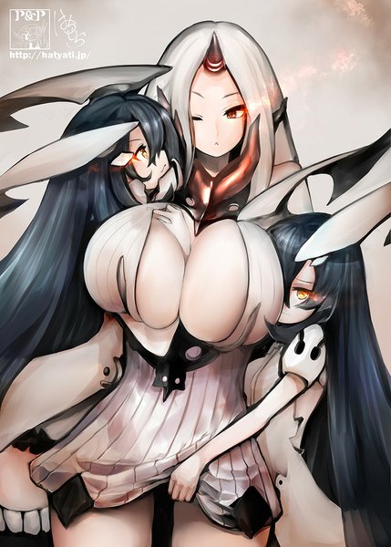 Anime picture 772x1080 with kantai collection seaport hime anchorage oni hachachi long hair tall image looking at viewer fringe breasts light erotic black hair red eyes standing multiple girls signed yellow eyes looking away cleavage silver hair profile