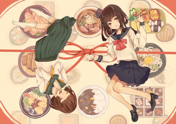 Anime picture 1433x1014 with original suono long hair looking at viewer blush fringe short hair smile brown hair multiple girls brown eyes bent knee (knees) eyes closed pleated skirt no shoes upside down top-down bottom-up rotational symmetry girl skirt