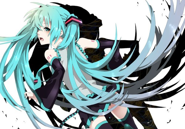 Anime picture 1000x699 with vocaloid hatsune miku kyo zip open mouth twintails very long hair looking back aqua eyes aqua hair zettai ryouiki girl detached sleeves miniskirt necktie