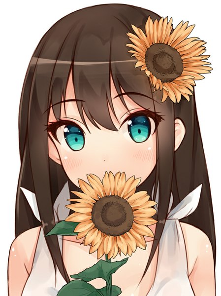 Anime picture 649x867 with idolmaster idolmaster cinderella girls shibuya rin hiiragi hajime single long hair tall image looking at viewer fringe blue eyes simple background brown hair white background bare shoulders hair flower covering covering face girl hair ornament flower (flowers)