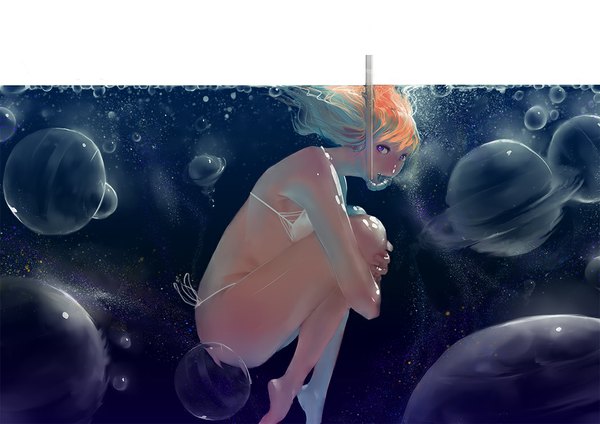 Anime picture 1052x744 with original karasu-san (syh3iua83) single long hair looking at viewer purple eyes bare shoulders multicolored hair barefoot orange hair no shoes mouth hold underwater space constellation girl swimsuit bikini water bubble (bubbles)