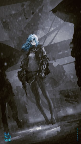 Anime picture 768x1366 with original jn3 single long hair tall image looking at viewer breasts light erotic blue hair black eyes open clothes open jacket bare belly dark background rain hand in pocket girl navel weapon jacket