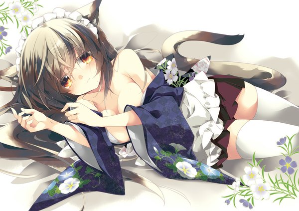 Anime picture 1000x706 with original minazuki haruka single long hair looking at viewer blush breasts light erotic brown eyes animal ears tail animal tail grey hair cat ears cat tail wa maid girl thighhighs flower (flowers) white thighhighs