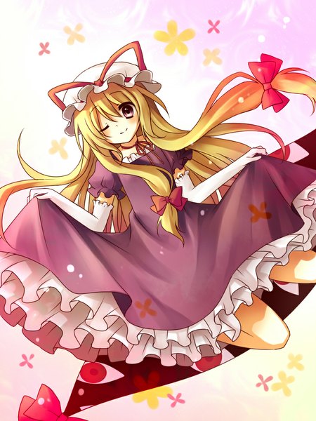 Anime picture 768x1024 with touhou yakumo yukari amane kurumi single long hair tall image looking at viewer blush blonde hair smile purple eyes one eye closed wink dutch angle kneeling eyes girl dress gloves elbow gloves