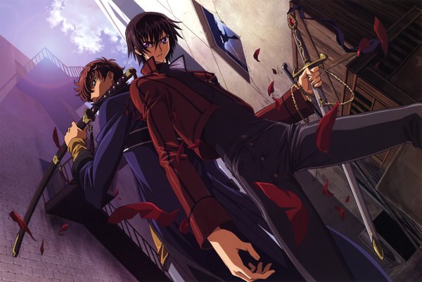 Anime picture 5386x3605 with code geass sunrise (studio) lelouch lamperouge kururugi suzaku highres absurdres alley boy weapon petals sword katana