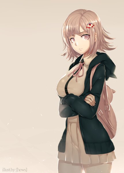 Anime picture 840x1170 with dangan ronpa super dangan ronpa 2 nanami chiaki hews single tall image looking at viewer fringe short hair breasts simple background blonde hair standing purple eyes pleated skirt open clothes open jacket crossed arms girl skirt