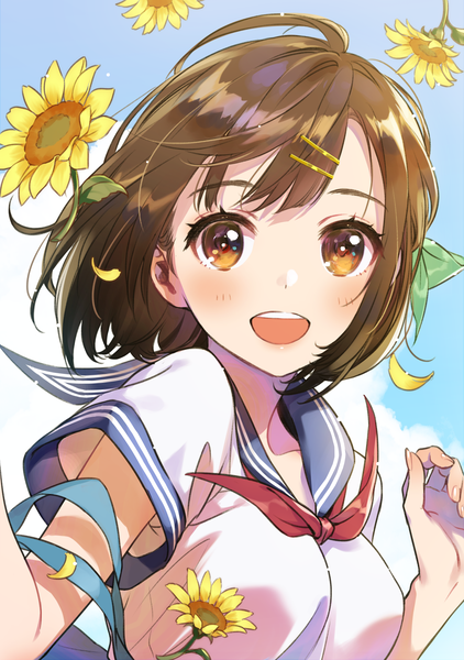 Anime picture 1270x1806 with original morikura en single tall image looking at viewer blush fringe short hair breasts open mouth smile brown hair brown eyes sky cloud (clouds) upper body ahoge fingernails wind short sleeves