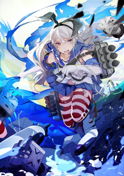 Anime picture 900x1275 with kantai collection shimakaze destroyer rensouhou-chan shisu (binzo3) single long hair tall image looking at viewer open mouth blonde hair brown eyes girl thighhighs gloves miniskirt water elbow gloves striped thighhighs