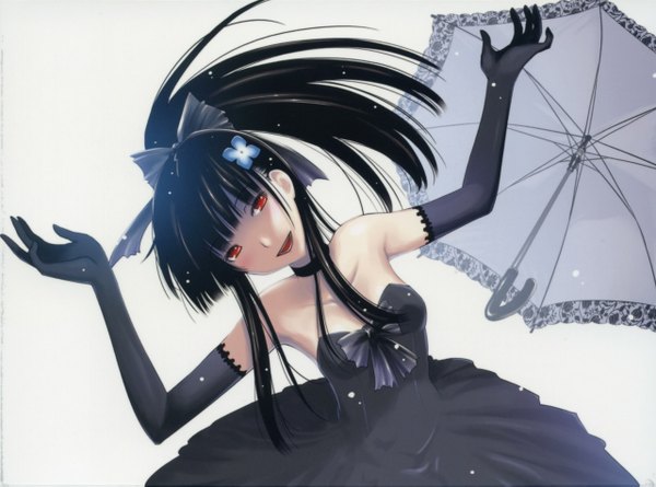 Anime picture 1280x950 with sankarea studio deen sanka rea hattori mitsuru long hair looking at viewer open mouth black hair simple background red eyes spread arms cropped girl dress gloves hair ornament bow hair bow elbow gloves black dress