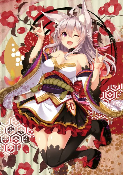 Anime picture 2396x3402 with original takehana note single long hair tall image blush fringe highres open mouth hair between eyes purple eyes bare shoulders looking away silver hair full body ahoge traditional clothes japanese clothes one eye closed wink