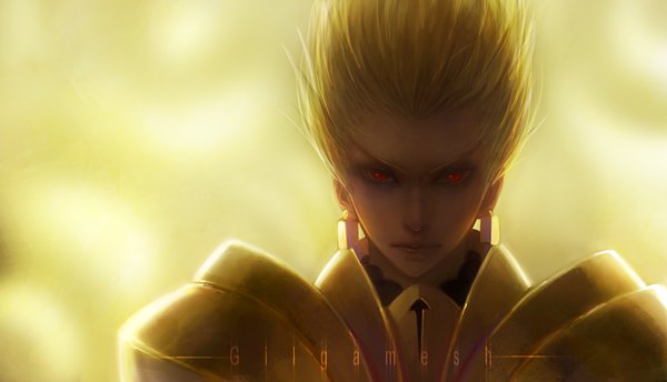 Anime picture 1395x800 with fate (series) fate/zero type-moon gilgamesh (fate) devil hun single short hair simple background blonde hair red eyes wide image inscription boy earrings armor