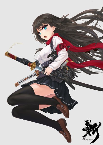 Anime picture 3000x4246 with original shiko single long hair tall image highres open mouth blue eyes black hair simple background ass grey background jumping mechanical parts girl thighhighs skirt weapon black thighhighs sword