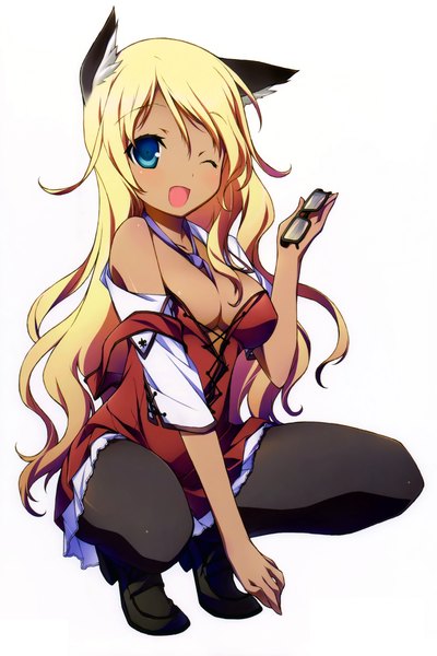 Anime picture 4638x6957 with mayo chiki! feel (studio) narumi nakuru kikuchi seiji long hair tall image highres breasts open mouth blue eyes light erotic blonde hair simple background white background animal ears absurdres one eye closed wink cat ears girl