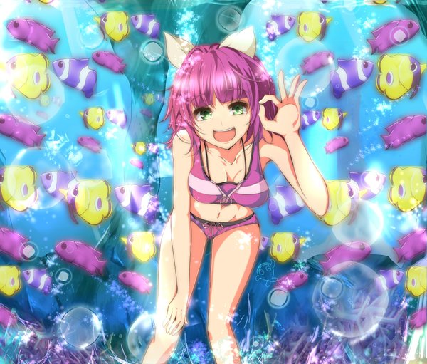 Anime picture 1849x1576 with original velia (artist) single looking at viewer fringe highres short hair open mouth green eyes animal ears pink hair cat ears underwater girl swimsuit bubble (bubbles) fish (fishes)