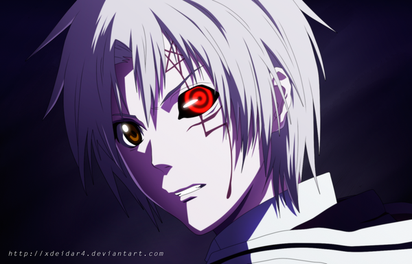 Anime picture 1680x1080 with d.gray-man allen walker xdeidar4 looking at viewer short hair red eyes brown eyes white hair inscription teeth heterochromia coloring boy