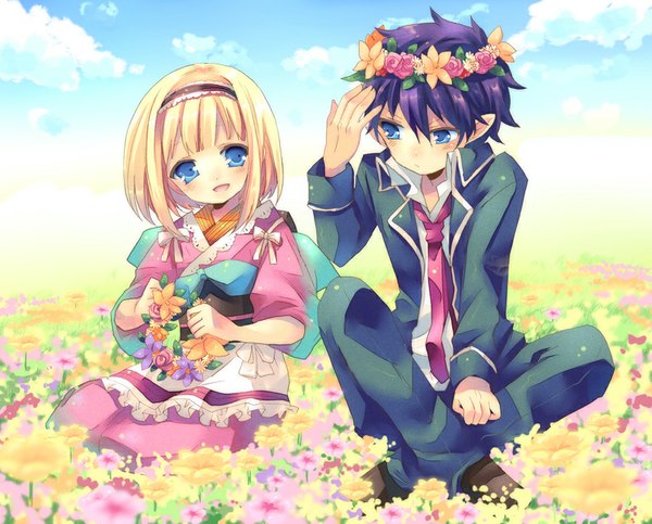 Anime picture 889x716 with ao no exorcist a-1 pictures okumura rin moriyama shiemi kosuzume blush fringe short hair open mouth blue eyes blonde hair sitting looking away sky purple hair cloud (clouds) traditional clothes japanese clothes pointy ears indian style
