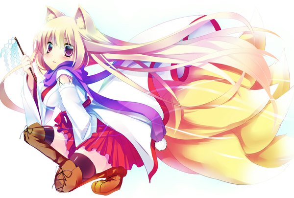 Anime picture 1048x708 with original amamine single long hair blonde hair red eyes white background animal ears traditional clothes fox ears fox tail fox girl miko girl thighhighs black thighhighs boots thigh boots gohei